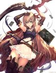  arisa_(shadowverse) belt blonde_hair bow_(weapon) breasts cape card cygames elbow_gloves elf gloves green_eyes hair_ribbon highres long_hair looking_at_viewer open_mouth pleated_skirt pointy_ears red_ribbon ribbon shadowverse sheath sheathed skirt small_breasts solo sword tachikawa_mushimaro thighhighs watermark weapon 