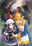  1boy 1girl akari_(pokemon) baseball_cap belt black_hair blonde_hair blue_eyes blue_hat claws commentary_request darkrai floating grey_eyes hair_over_one_eye hat holding holding_notebook holding_quill long_hair notebook open_mouth outdoors pokemon pokemon_(creature) pokemon_legends:_arceus quill red_scarf scarf two-tone_hat two-tone_headwear volo_(pokemon) yellow_hat yomogi_(black-elf) 