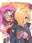  2girls birthday blonde_hair blush bouquet eyepatch grey_hair hair_over_one_eye hayasaka_mirei heart heart_eyepatch highres holding holding_bouquet hood hoodie idolmaster idolmaster_cinderella_girls mizking317 multicolored_hair multiple_girls open_mouth red_hair shirasaka_koume short_hair skirt smile streaked_hair striped_clothes striped_thighhighs thighhighs two-tone_hair yellow_eyes 