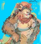 anthro brown_body brown_fur chimera embarrassed felid feline felis fluffos fur hair hand_on_hip hi_res looking_at_viewer male mammal muscular nude orange_hair pecs pubes red_hair scarf simple_background solo towel white_hair yellow_sclera