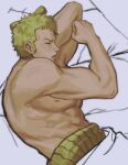  1boy bed_sheet chonmage clenched_hand closed_eyes commentary from_above green_hair haramaki highres lying m0kaccinoh male_focus muscular muscular_male on_side one_piece roronoa_zoro sideburns sleeping solo topknot topless_male upper_body v-shaped_eyebrows 