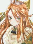  1girl black_bow bow closed_mouth dress etie_(fire_emblem) fire_emblem fire_emblem_engage green_bow green_dress green_eyes hair_between_eyes hair_bow highres hk_539099410 long_hair looking_at_viewer orange_hair solo tiara upper_body white_background 