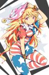  1girl absurdres american_flag_dress american_flag_legwear blonde_hair closed_mouth clownpiece commentary_request hat highres ichizen_(o_tori) jester_cap long_hair looking_at_viewer messy_hair neck_ruff pink_eyes pink_hat smile solo star_(symbol) star_print striped_clothes striped_thighhighs thighhighs touhou 