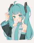  1girl blue_hair blunt_bangs blush collared_shirt cropped_torso detached_sleeves hair_intakes hatsune_miku highres long_hair long_sleeves looking_at_viewer nail_polish necktie open_mouth shirt sleeveless sleeveless_shirt solo sweat tananuki twintails vocaloid 