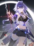  1girl absurdres acheron_(honkai:_star_rail) bandaged_leg bandages belt black_belt black_choker black_gloves black_shorts breasts choker cleavage commentary_request cowboy_shot criss-cross_halter crop_top elbow_gloves gloves halterneck highres holding holding_sword holding_weapon honkai:_star_rail honkai_(series) katana large_breasts leg_tattoo long_hair looking_at_viewer midriff navel parted_lips purple_eyes purple_hair rizu033 scabbard sheath sheathed short_shorts shorts single_bare_shoulder solo standing stomach sword tattoo thighs very_long_hair weapon 