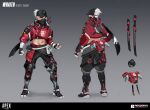  1girl absurdres apex_legends baseball_cap black_footwear black_hat black_pants black_shirt character_name concept_art copyright_name english_commentary full_body grey_background grey_hair hat highres jacket kuresse_bolds logo mask midriff mouth_mask multiple_views navel official_alternate_costume official_art pants ponytail red_jacket reference_sheet respawn_entertainment shadow shirt shoes short_hair sneakers street_smart_wraith sweatpants sword weapon wraith_(apex_legends) 
