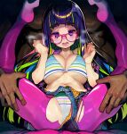  1boy 1girl bikini blue_hair bow breasts collarbone commentary_request glasses green_hair hetero highres large_breasts legs_up long_hair multicolored_hair navel onono_imoko open_mouth original pantyhose pink-framed_eyewear pink_pantyhose purple_eyes red_hair saliva sitting solo_focus striped_bikini striped_bow striped_clothes swimsuit torn_clothes torn_pantyhose white_bikini 