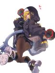  1boy :p absurdres alternate_color arms_up bike_shorts black_footwear black_jacket black_pantyhose black_shirt black_shorts black_skirt blonde_hair bridget_(guilty_gear) dual_wielding fingerless_gloves full_body gloves guilty_gear guilty_gear_strive habit hamayumiba_sou heart highres holding hood hooded_jacket jacket long_sleeves looking_at_viewer looking_back male_focus miniskirt otoko_no_ko oversized_object pantyhose puffy_long_sleeves puffy_sleeves red_eyes shirt shoes shorts simple_background single_handcuff skirt tongue tongue_out white_background yo-yo 