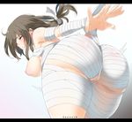  absurdres artist_name ass bandages bare_shoulders blush breasts brown_hair character_request closed_eyes gaston18 hair_ribbon highres large_breasts letterboxed long_hair naked_bandage nipples partially_visible_vulva puffy_nipples ribbon simple_background solo white_background 