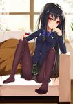  accel_world arm_support black_hair black_legwear couch flan_(seeyouflan) green_skirt highres indoors kuroyukihime long_hair looking_at_viewer panties panties_under_pantyhose pantyhose pantyshot pantyshot_(sitting) pleated_skirt red_eyes school_uniform sitting skirt solo umesato_middle_school_uniform underwear window 