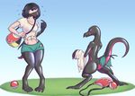  2017 anthro clothing daf female feral human lizard looking_at_viewer mammal nintendo open_mouth pok&eacute;mon pussy raised_tail reptile salazzle scalie simple_background solo standing tongue tongue_out torn_clothing transformation video_games 