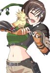  1girl :d animal armor belt belt_buckle belt_pouch bird bird_on_hand black_belt blush bracer breasts brown_eyes brown_gloves brown_hair brown_shorts buckle chest_harness cloud_jr. commentary cropped_sweater elbow_gloves final_fantasy final_fantasy_vii final_fantasy_vii_rebirth final_fantasy_vii_remake fingerless_gloves forehead_protector gloves green_headband green_sweater hair_between_eyes harness headband holding holding_animal holding_bird kazaguruma2600 medium_breasts midriff navel one_eye_closed open_mouth pauldrons pouch ribbed_sweater short_hair shorts shoulder_armor simple_background single_pauldron sleeveless sleeveless_sweater smile solo sweater teeth turtleneck turtleneck_sweater upper_body upper_teeth_only white_background yellow_bird yuffie_kisaragi 