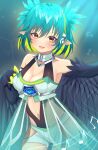  1girl absurdres artist_request bare_shoulders bird_legs black_feathers black_wings blue_hair blush breasts claws cleavage colored_inner_hair fangs feathers green_hair hair_between_eyes harpy highres indie_virtual_youtuber lincoro looking_at_viewer medium_breasts monster_girl multicolored_hair musical_note navel official_alternate_costume open_mouth pointy_ears red_eyes second-party_source short_hair short_twintails solo tiara twintails virtual_youtuber winged_arms wings 
