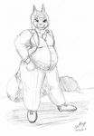  2017 belly big_belly clothing feline female looking_at_viewer mammal monochrome necktie overweight panzerschreckleopard riley_o&#039;shane slightly_chubby solo suit vest waistcoat 