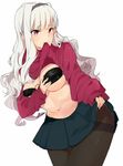  black_legwear blush breasts clothes_lift hairband highres idolmaster idolmaster_(classic) large_breasts long_hair mouth_hold navel o-ring o-ring_top pantyhose red_eyes shijou_takane silver_hair skirt skirt_lift solo sweater sweater_lift thighband_pantyhose tuxedo_de_cat 