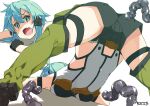  1girl ass belt black_footwear black_gloves black_shorts breasts commission dated gloves green_eyes green_hair green_thighhighs hair_ornament hairclip jack-o&#039;_challenge open_mouth shikei short_hair shorts sidelocks signature sinon skeb_commission small_breasts solo sword_art_online tentacles thighhighs top-down_bottom-up 