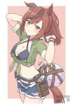  1girl absurdres agnes_tachyon_(lunatic_lab)_(umamusume) agnes_tachyon_(umamusume) agnes_tachyon_(umamusume)_(cosplay) alternate_hairstyle animal_ears arm_up artist_logo belt bikini bikini_under_clothes black_bikini blush breasts brown_eyes brown_hair cleavage closed_mouth commentary_request cosplay cowboy_shot criss-cross_halter flask green_jacket halterneck hand_in_own_hair hand_up highres horse_ears horse_girl horse_tail jacket jtleeklm medium_hair midriff navel nice_nature_(umamusume) ponytail pouch round-bottom_flask short_shorts short_sleeves shorts small_breasts solo swimsuit tail tied_jacket torn_clothes torn_shorts umamusume utility_belt watermark 