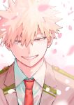  1boy absurdres bakugou_katsuki bell_anko blonde_hair boku_no_hero_academia cherry_blossoms coat grey_coat grin hair_between_eyes highres male_focus necktie orange_eyes petals portrait red_necktie school_uniform shirt short_hair smile solo spiked_hair u.a._school_uniform white_shirt 