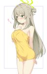  1girl blue_archive breasts brown_hair cleavage closed_mouth commentary_request green_eyes green_halo halo highres long_hair medium_breasts naked_towel nonomi_(blue_archive) solo standing towel white_background yamasan yellow_towel 
