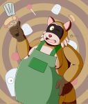 2024 anthro apron belly brandonthehusky brown_body clothing hi_res male mammal moobs nipples one_eye_closed open_mouth overweight overweight_male procyonid raccoon rascal_(robot_dreams) robot_dreams smile solo spatula tools wink