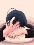  1boy ahoge black_hair black_jacket blanket brown_background danganronpa_(series) danganronpa_v3:_killing_harmony hand_on_own_face hand_up highres jacket long_sleeves lying male_focus mo_na_(0511k1) on_stomach pillow saihara_shuichi short_hair solo striped_clothes striped_jacket 