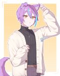  1boy absurdres animal_ears arm_up belt black_sweater blush border brown_belt brown_cardigan cardigan cat_boy cat_ears cat_tail crossed_bangs hair_between_eyes hand_on_own_ear highres jewelry kamishiro_rui male_focus multicolored_hair necklace outline outside_border pants parted_lips project_sekai purple-tinted_eyewear short_hair sleeves_past_wrists streaked_hair sweater sweater_tucked_in tail tinted_eyewear upper_body white_border white_outline yamggu yellow_background yellow_eyes 