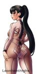  1girl android artist_name ass black_hair bodysuit eve_(stellar_blade) highres huge_ass leonart long_hair looking_at_viewer ponytail skin_suit_(stellar_blade) skin_tight solo stellar_blade white_background wide_hips 