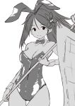  1girl absurdres alternate_costume amagi_(kancolle) animal_ears bow bowtie breasts cleavage detached_collar flag greyscale highres kantai_collection medium_breasts monochrome neve_(morris-minicooper) playboy_bunny ponytail rabbit_ears smile solo wrist_cuffs 