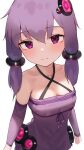  1girl absurdres bare_shoulders blush breasts criss-cross_halter detached_sleeves dress hair_ornament halterneck highres light_smile looking_at_viewer penguin_(dx19291005) purple_dress purple_eyes purple_hair short_hair_with_long_locks simple_background sketch small_breasts solo vocaloid voiceroid white_background yuzuki_yukari 