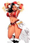  ;) alternate_costume armpits arms_up asymmetrical_hair belt bikini black_hair breasts choker christmas cleavage contrapposto d-ryuu dark_skin elbow_gloves electricity feathers gloves grey_eyes hat large_breasts laura_matsuda long_hair navel one_eye_closed red_bikini red_gloves santa_hat sideboob sketch smile solo standing street_fighter street_fighter_v swimsuit toned wavy_hair 