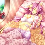  2017 anthro anthrofied bed chest_tuft clock clothed clothing equine eyes_closed feathered_wings feathers female fluttershy_(mlp) friendship_is_magic hair inside long_hair lying mammal midriff my_little_pony on_back on_bed pegasus pillow pink_hair plushie shirt sleeping solo tank_top tolsticot tuft wings yellow_feathers 