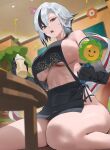  1girl alternate_costume apron arlecchino_(genshin_impact) bare_shoulders black_apron black_eyes black_hair black_panties black_skin bottle breasts colored_skin commentary_request from_below genshin_impact grey_hair highres holding holding_bottle holding_toy hood_(james_x) indoors large_breasts long_hair looking_at_viewer multicolored_hair nearly_naked_apron open_mouth panties red_hair sideboob solo streaked_hair symbol-shaped_pupils thighs toy underwear x-shaped_pupils 