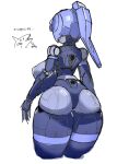  1girl android ass blue_hair breasts copyright_request curvy from_behind highres large_breasts photo-referenced ponytail simple_background sketch solo tanaki_bouei thick_thighs thighs translation_request white_background 