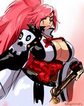  amputee baiken breasts cleavage d-ryuu guilty_gear guilty_gear_xrd hand_on_hilt huge_breasts japanese_clothes katana kimono lips long_hair no_bra obi one-eyed open_clothes open_kimono pink_eyes pink_hair ponytail sash scar scar_across_eye solo straw_(stalk) sword weapon 