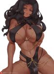  1girl absurdres alva_(artofalva) black_hair blue_eyes breasts dark-skinned_female dark_skin highres huge_breasts large_breasts looking_at_viewer midriff navel original patreon_username pelvic_curtain purple_eyes revealing_clothes simple_background smile solo thighs white_background 