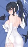  1girl ass backless_dress backless_outfit bare_back bare_shoulders black_hair blue_archive blue_eyes breasts choker commentary cowboy_shot dress elbow_gloves garter_straps gloves highres kurisu-kun large_breasts long_hair looking_at_viewer ponytail saori_(blue_archive) solo strapless strapless_dress white_choker white_dress white_gloves 