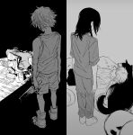  absurdres blood blood_on_weapon can cat chainsaw_man denji_(chainsaw_man) dog greyscale heartbreak_juan highres holding holding_knife knife lying meowy_(chainsaw_man) monochrome nayuta_(chainsaw_man) on_back pajamas shoes shorts sleeping sneakers split_screen tank_top weapon 