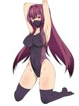  armpits arms_behind_head black_legwear blush breasts competition_swimsuit covered_navel covered_nipples face_mask fate/grand_order fate_(series) groin highres kagemusha kneeling large_breasts long_hair looking_at_viewer mask one-piece_swimsuit purple_hair red_eyes scathach_(fate)_(all) scathach_(fate/grand_order) simple_background solo swimsuit thighhighs white_background 