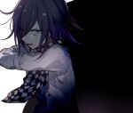 1boy arm_belt belt black_background black_scarf buttons checkered_clothes checkered_scarf commentary_request danganronpa_(series) danganronpa_v3:_killing_harmony eyes_visible_through_hair hair_over_one_eye hand_on_own_shoulder huyuharu0214 jacket long_sleeves looking_at_viewer male_focus oma_kokichi open_mouth purple_eyes purple_hair scarf short_hair simple_background solo two-tone_background two-tone_scarf upper_body v-shaped_eyebrows white_background white_belt white_jacket white_scarf 