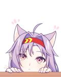  1girl absurdres ahoge animal_ear_fluff animal_ears cat_ears cat_girl commentary_request extra_ears fairy_(sao) hair_intakes hairband hands_on_table head_only highres kemonomimi_mode long_hair looking_at_viewer neosight parted_lips pointy_ears purple_hair red_eyes red_hairband simple_background solo sword_art_online table twitter_username white_background yuuki_(sao) 