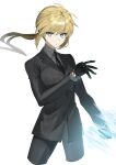  1girl artoria_pendragon_(fate) black_gloves black_jacket black_necktie black_pants black_suit blue_eyes bracelet closed_mouth collared_shirt commentary cropped_legs expressionless eyes_visible_through_hair fate/zero fate_(series) gloves grey_shirt hair_between_eyes hand_up highres invisible_air_(fate) jacket jewelry jitome lapels long_hair long_sleeves looking_at_viewer necktie notched_lapels pants ponytail shirt sidelocks simple_background solo suit tokoni_fusu white_background wing_collar 