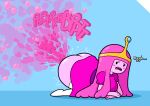 adventure_time all_fours big_butt black_text_border blue_background blush brap bubble butt candy candy_people_(at) cartoon_network clothing crown dessert dress fart fart_cloud fart_fetish female food food_creature food_humanoid hair headgear hi_res humanoid legwear living_candy motion_lines open_mouth pink_body pink_bubble pink_clothing pink_dress pink_fart_cloud pink_hair pink_text princess_bubblegum royalty simple_background solo sorollos sound_effects stockings teeth text thick_thighs vocalization vowelless vowelless_sound_effect white_clothing white_legwear white_stockings white_text yellow_crown