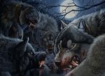  2017 angry blood canine claws full_moon group mammal moon night outside pack sky standing star starry_sky teeth were werewolf wolf yellow_eyes 