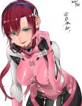  1girl aqua_eyes bodysuit breasts evangelion:_2.0_you_can_(not)_advance hairband highres leaning_forward long_hair looking_at_viewer makinami_mari_illustrious medium_breasts neon_genesis_evangelion parted_lips pink_bodysuit plugsuit rebuild_of_evangelion red_hair simple_background smile solo unthuku unworn_eyewear white_background 