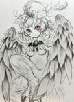  1girl absurdres bird_legs breasts chsg4887 feather_hair_ornament feathered_wings feathers graphite_(medium) hair_ornament harpy highres looking_at_viewer monochrome monster_girl original pink_eyes short_hair small_breasts smile solo spot_color talons traditional_media underboob winged_arms wings 