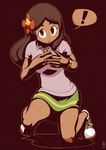  1girl :o bare_legs bracelet breasts brown_hair chawalit_adsawawalanon collared_shirt dark_skin fingernails flower green_eyes green_skirt hair_flower hair_ornament highres jewelry kneeling lass_(pokemon) long_hair medium_breasts miniskirt npc_trainer open_mouth outline pokemon pokemon_(game) pokemon_sm red_background shirt shoes short_sleeves skirt sneakers solo speech_bubble spoken_exclamation_mark teeth white_shirt 