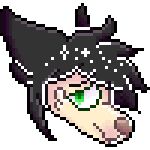 2017 alpha_channel ambiguous_form ambiguous_gender black_hair brown_nose canid canine canis digital_media_(artwork) domestic_dog fur green_eyes hair half-closed_eyes headshot_portrait jaspering looking_at_viewer low_res mammal narrowed_eyes pixel_(artwork) portrait shaded simple_background snout sparkles sparkling_hair tan_body tan_fur thumbnail transparent_background upscale