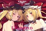  2girls album_cover bare_back bare_shoulders black_choker black_corset black_hat black_ribbon black_sleeves blonde_hair blush bow breasts bright_pupils choker cielarc circle_name cleavage_cutout clone closed_mouth clothing_cutout commentary_request corset cover detached_sleeves empty_eyes english_text flandre_scarlet frilled_hat frills half-closed_eyes hat hat_bow highres jewelry long_hair looking_at_viewer low_neckline lying mob_cap multiple_girls neck_ribbon on_back on_bed parted_lips pillow pointy_ears puffy_short_sleeves puffy_sleeves red_background red_bow red_eyes red_pupils red_ribbon ribbon ring short_sleeves shoulder_blades side_ponytail sleeves_past_wrists small_breasts smirk title touhou upper_body usamata white_choker white_hat white_sleeves white_wrist_cuffs wrist_cuffs 