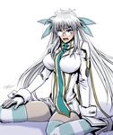  blue_eyes blush breasts drifters embarrassed glasses grey_hair large_breasts long_hair olmine open_mouth ponytails stockings 