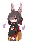  1girl animal_ears azur_lane black_hair braid chibi closed_mouth full_body hair_over_one_eye japanese_clothes kimono long_sleeves looking_at_viewer moru_(monaka) multicolored_hair ok_sign rabbit_ears red_eyes red_hair shiranui_(azur_lane) side_braid simple_background sitting solo tech_box_(azur_lane) white_background wide_sleeves 